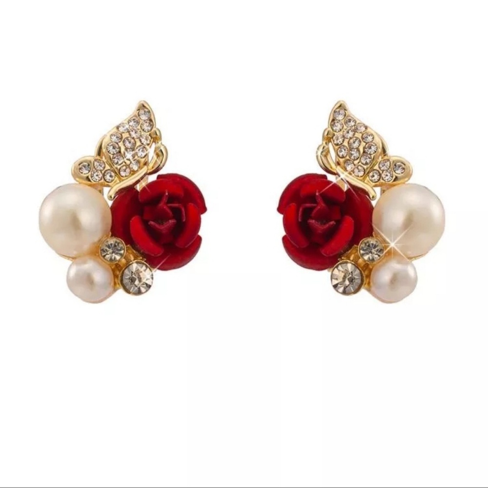 Red Rose Butterfly Pearl Earrings